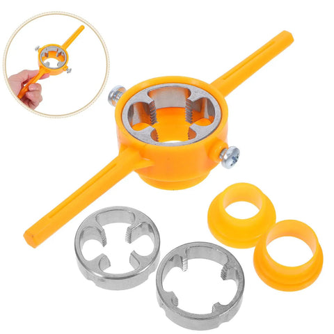 Beatifufu 2-Piece Plumbing Pipe Threader Hand Tool Set For Pvc with yellow plastic handle and stainless steel round dies.