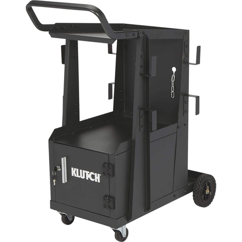 Two Tier Welding Cart With Locking Cabinet, Heavy Duty Shop Organizer, shown from the front, featuring storage shelves and swiveling wheels.