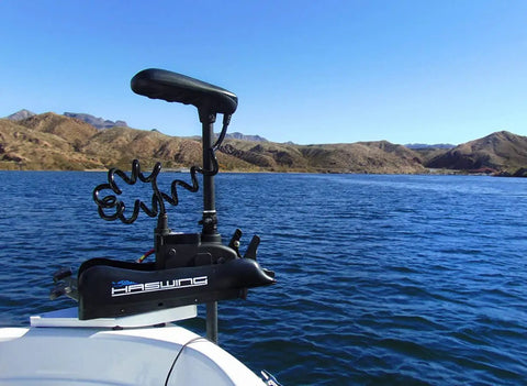Built Tough 12V 55 LB Electric Trolling Motor With 48 Inch Bow Mount Shaft for Boat Fishing, featuring wireless controls.