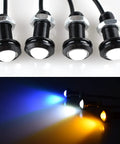 Universal Amber LED Front Grille Marker Lights with Projector Lens shown in blue, white, and amber illumination.