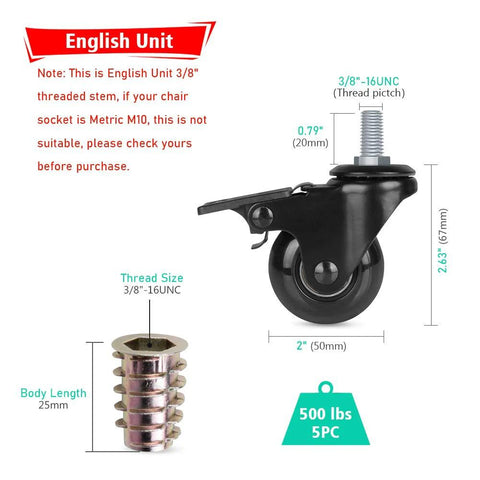 2 Inch Swivel Caster Wheels With Locking Brake, Threaded 3/8-16 UNC Imperial Stem, Heavy Duty Office Chair Furniture And Shelf Casters, Replacement Pack Of 5 With 3/8 Inch Screw Inserts, illustration