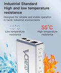 Industrial PoE Gigabit Ethernet Switch With Five Ports, Plug And Play, shown resisting extreme temperatures in icy and fiery conditions.