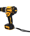 Heavy Duty Cordless Drill Boasting Brushless Motor And Rock Solid One Hundred Newton Meter Torque Reliable Impact Driver With Slick Two Thousand RPM Performance For Tough Work Projects side view with black and yellow design.