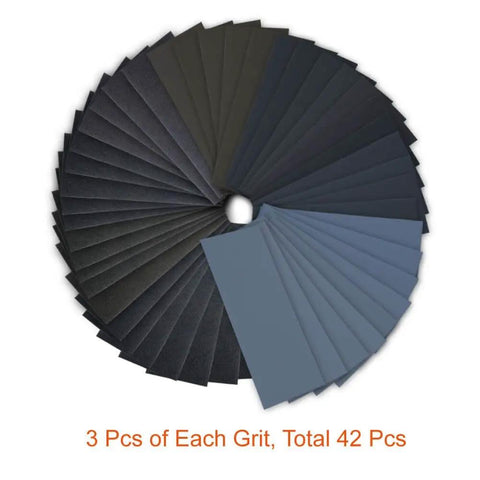 Wet Dry Sandpaper Set 42 Sheets 9 By 3.6 Inch Grit Range 120 Through 3000 Assorted Paper displayed in a fan shape