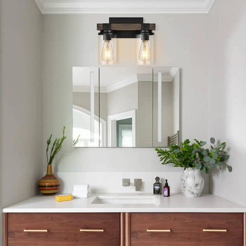 Farmhouse Wood Black Vanity Light Fixture Dope Two Light Rustic Wall Sconce With Clear Glass Shade over bathroom mirror