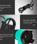 1HP Submersible Sump Pump With 3700GPH Flow, Auto Float Switch, features shown: bottom suction, easy grip handle, 16.5ft power cable.
