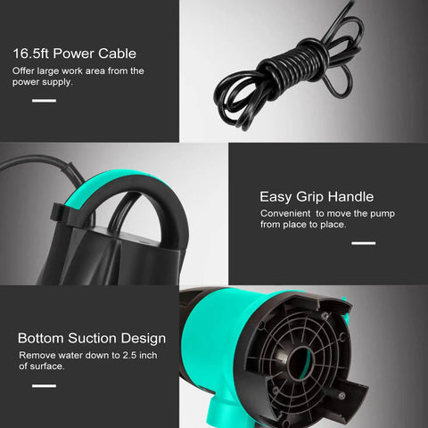 1HP Submersible Sump Pump With 3700GPH Flow, Auto Float Switch, features shown: bottom suction, easy grip handle, 16.5ft power cable.