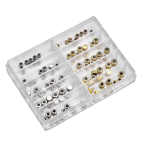 Pro Grade Watch Repair Kit With Stainless Steel Crowns And Gold Flat Head Crowns displayed in a clear compartment box
