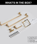 Slick Black And Brushed Gold 5 Piece Bathroom Hardware Set layout with two 23.6 inch towel bars, towel ring, and accessories.