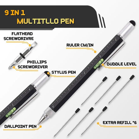 9 In 1 Metal Multitool Pen Set For Him With 2 Pens And 6 Refills showing tools like screwdriver, ruler, bubble level.