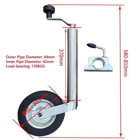 Heavy Duty Swivel Boat Trailer Jack Wheel - Foldable Lift Stand With Rustproof Galvanized Finish, 330 Lb Capacity, showing dimensions and components.