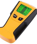 No Frills Dead On Wall Scanner And Precision Stud Finder Plus Ac Voltage Detector for hidden pipe detection, yellow and black handheld device.
