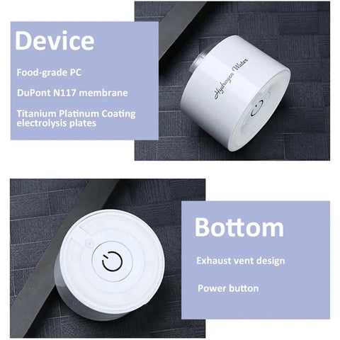 Top view showing Hydrogen Rich Water Generator Bottle With Glass Cup Body SPE PEM Dual Chamber Ionizer H2 Inhalation Device High Concentration.