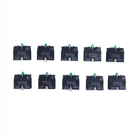 10 Pack Heavy Duty Contact Block And Momentary Push Button Switch Zb2 Be101 Top Shelf Replacement For Schneider Telemecanique Xb2 Series viewed from above.