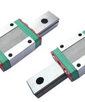 Close-up of MGN9 100mm Linear Guide Rail Kit with 2 MGN9C Block Bearings for 3D printers and CNC machines, showing metal rails and blocks.