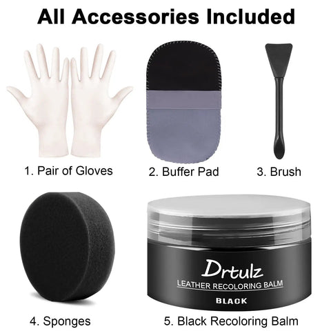 Leather Recoloring Balm And Restorer Kit for Sofa Car Seats Vinyl Furniture And Shoes with black balm, pads, gloves, brush