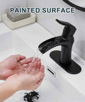 Waterfall Matte Black Bathroom Faucet For Single Hole Or 3 Hole Sinks With Ceramic Valve, hands under flowing water