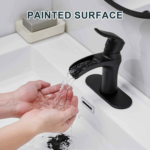 Waterfall Matte Black Bathroom Faucet For Single Hole Or 3 Hole Sinks With Ceramic Valve, hands under flowing water
