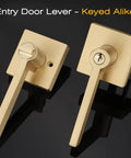 Five Piece Satin Brass Door Handles Set With Lock And Key For Interior And Exterior Doors displayed on black background