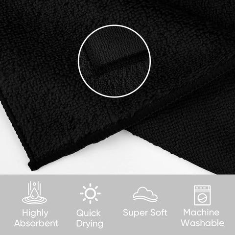 HOMEXCEL black microfiber washcloths, 24-pack, 12x12 inches, front view showing folded corner