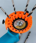 Shop Staple Drill Bit Sharpener Attachment For 4 And 5 Inch Angle Grinders showing sharpener with steel drill bits and angle grinder.
