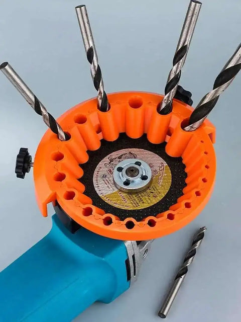 Shop Staple Drill Bit Sharpener Attachment For 4 And 5 Inch Angle Grinders showing sharpener with steel drill bits and angle grinder.