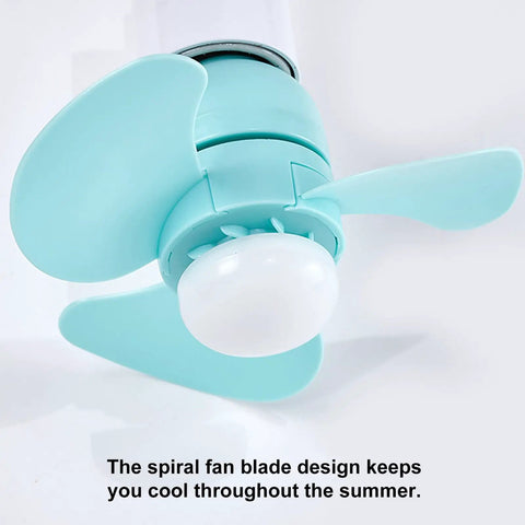 Veltros E27 Ceiling Fan with LED Light Quiet for Kitchen, close-up of spiral fan blades in teal with light.