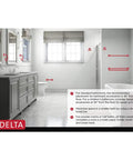 Bathroom layout showing fixture placements with Delta brand logo, including toilet paper and towel holders on walls.