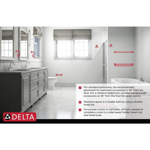 Bathroom layout showing fixture placements with Delta brand logo, including toilet paper and towel holders on walls.