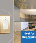 Decorator Switch Or Receptacle Metal Wall Plate Built Tough With Corrosion Resistant Stainless Steel And Polished Brass Finish, 1-Gang 4.88 By 3.11 Inches, UL Listed Outlet Cover, Durable 1 Pack in a modern office setting.