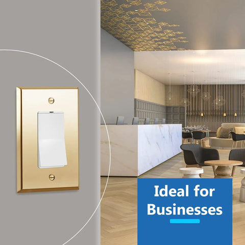 Decorator Switch Or Receptacle Metal Wall Plate Built Tough With Corrosion Resistant Stainless Steel And Polished Brass Finish, 1-Gang 4.88 By 3.11 Inches, UL Listed Outlet Cover, Durable 1 Pack in a modern office setting.