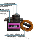 Image of MG90D 4 Pack 9G Digital Micro Servo with Full Metal Gears and silicone wire, highlighting features for RC and DIY projects.
