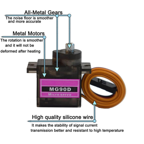 Image of MG90D 4 Pack 9G Digital Micro Servo with Full Metal Gears and silicone wire, highlighting features for RC and DIY projects.