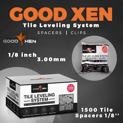 Tile Leveling System Kit With One Eighth Inch Spacers And 1500 Clips For DIY And Pros, packaging display and branding.