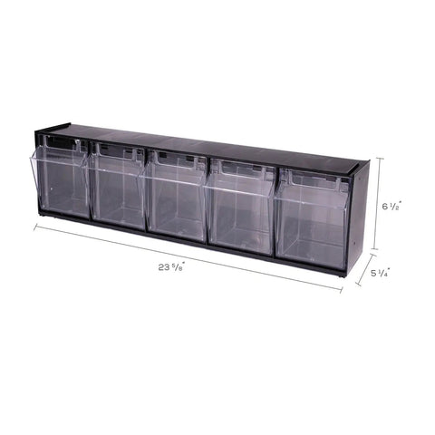 Five Bin Horizontal Tilt Bin Storage System With Interlocking Modular Design, Wall Mount Or Countertop Use, Transparent Tilt Out Bins.
