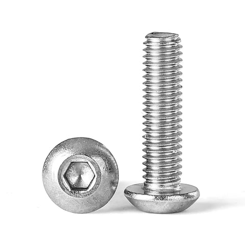 Top Shelf Heavy Duty 10-32 By 1.5 Inch Button Head Socket Cap Screws Forged From Premium 304 Stainless Steel With Crisp Allen Hex Drive Stay Locked In During Rough Job Site Work 50 Count, featuring a close-up of hex drive and threads.