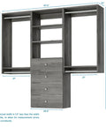 Top Shelf Grey Closet Organizer Kit Measuring 67.5 Inches Across showing dimensions, double hanging rods, and four fabric drawers.