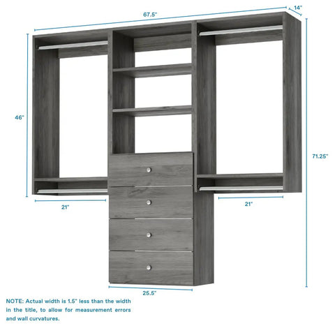 Top Shelf Grey Closet Organizer Kit Measuring 67.5 Inches Across showing dimensions, double hanging rods, and four fabric drawers.