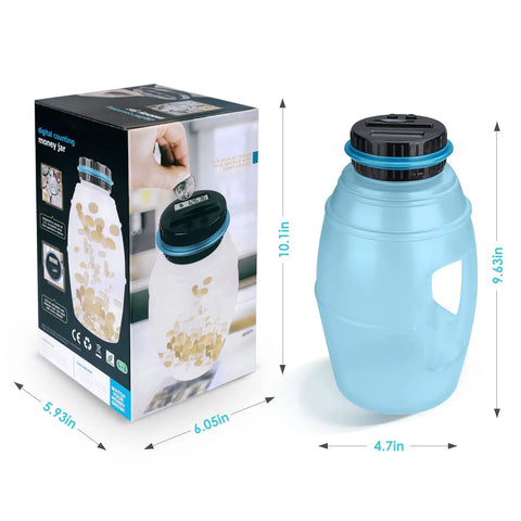 Ultra Large Digital Coin Bank With LCD Counter For All US Coins, 2.8L Capacity Money Jar with packaging dimensions shown