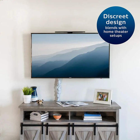 Hover Amplified HD Digital TV Antenna For Long Range Reception And Top Of TV Mount on flat-screen in living room setup