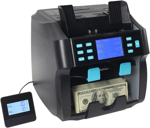 Professional Cash Counter Machine With Smart Dupe Detector And Automatic Bill Sorter, showing bills being counted on the LED panel.