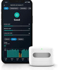Slick Indoor Air Quality Monitor Tracks Temp Humidity Carbon Monoxide Pm2.5 Vocs Hooks Into Alexa Sends Snappy Alerts showing data on smartphone.