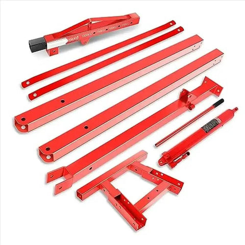 Heavy Duty Hydraulic Engine Hoist And Foldable Shop Crane With Rollin Wheels One Ton Lifting Capacity And Four Adjustable Boom Positions For Tackling Engine Swaps In Your Garage Workspace red metal parts and lifting cylinder arranged for shop use
