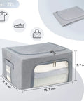 Three Pack Grab And Go Clothes Storage Bins Set with stackable foldable organizer boxes, sturdy metal frame, clear window, gray
