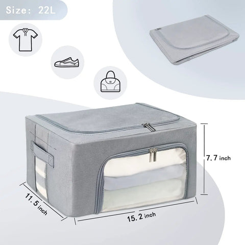 Three Pack Grab And Go Clothes Storage Bins Set with stackable foldable organizer boxes, sturdy metal frame, clear window, gray