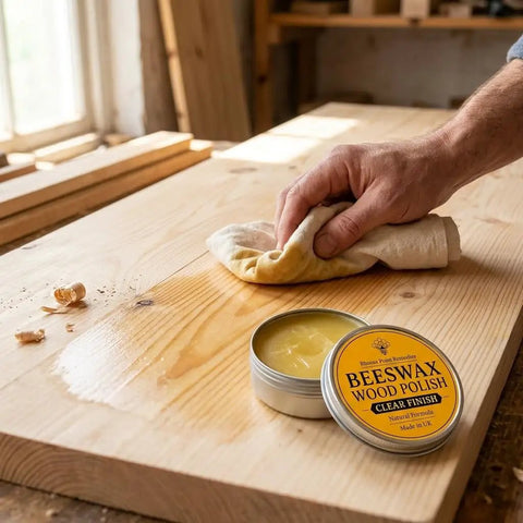 Real Deal Natural Beeswax Furniture Polish To Restore Dry Wood And Boost Natural Grain With Food Safe Olive Oil Blend For A Smooth Clean Finish That Gives Your Favorite Wooden Pieces Brand New Life In 3.5 Fl Oz Jar being applied to a wooden surface.