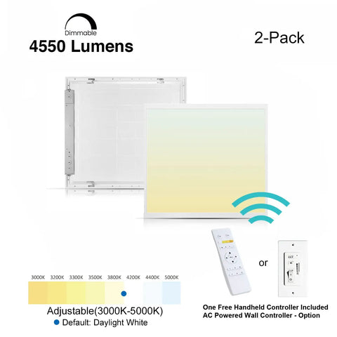 Two Pack 2x2 Foot LED Flat Panel Light With Backlit 4550 Lumens 35W CCT 3000K To 5000K Dimmable 2.4G Wireless Control