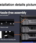 Installation details of Hella Rugged Wall Mounted Storage Rack Featuring Thirty Bright Plastic Bins For Garage Tool Sorting.