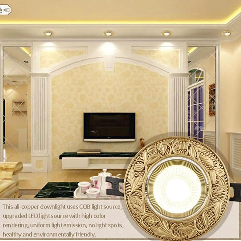 Set Of 12 Top Shelf Brass Recessed Downlights 3.8 Inch Dimmable Cob LED Directional Can Lights in elegant living room setting.