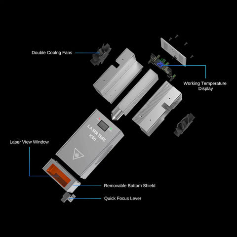 Exploded view of 60W Diode Laser Cutter Module For Laser Engravers With Air Assist, showcasing components and labels